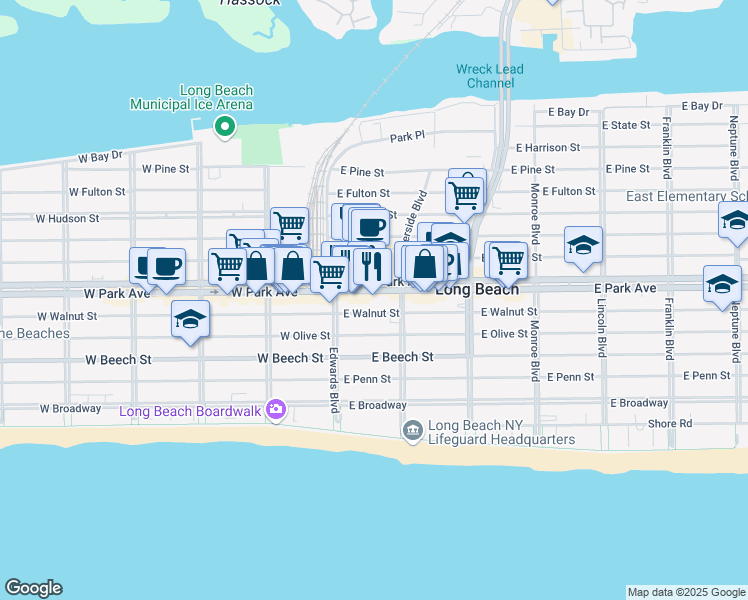 map of restaurants, bars, coffee shops, grocery stores, and more near 389 Riverside Boulevard in Long Beach