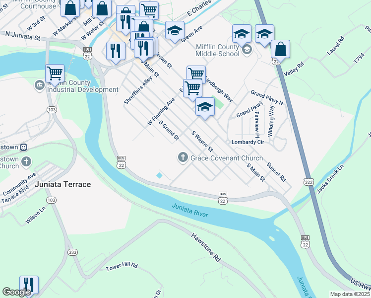 map of restaurants, bars, coffee shops, grocery stores, and more near 614 South Grand Street in Lewistown