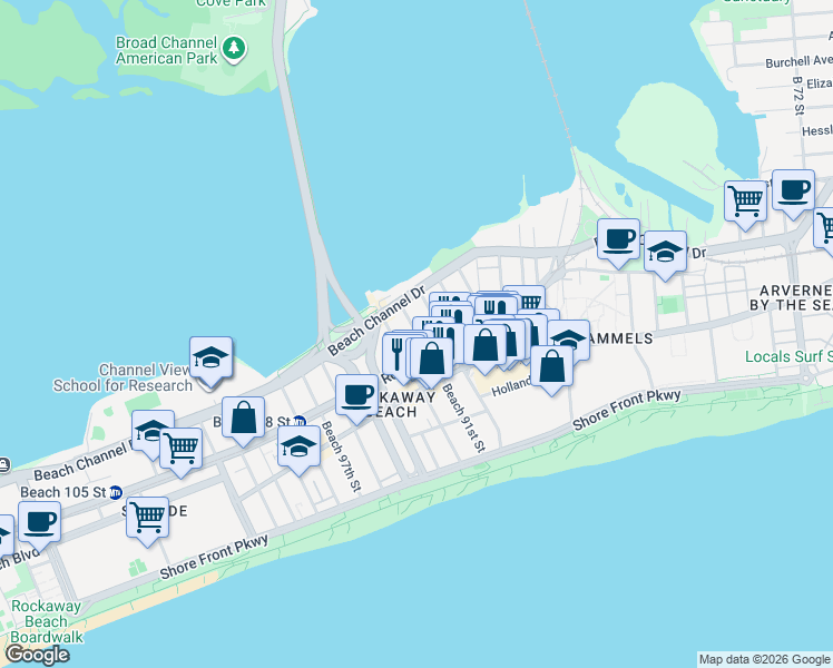map of restaurants, bars, coffee shops, grocery stores, and more near 3-28 Beach 90th Street in Queens