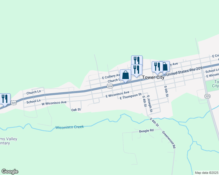map of restaurants, bars, coffee shops, grocery stores, and more near 40 East Grand Avenue in Tower City