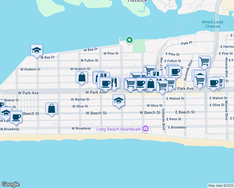 map of restaurants, bars, coffee shops, grocery stores, and more near 225 West Park Avenue in Long Beach
