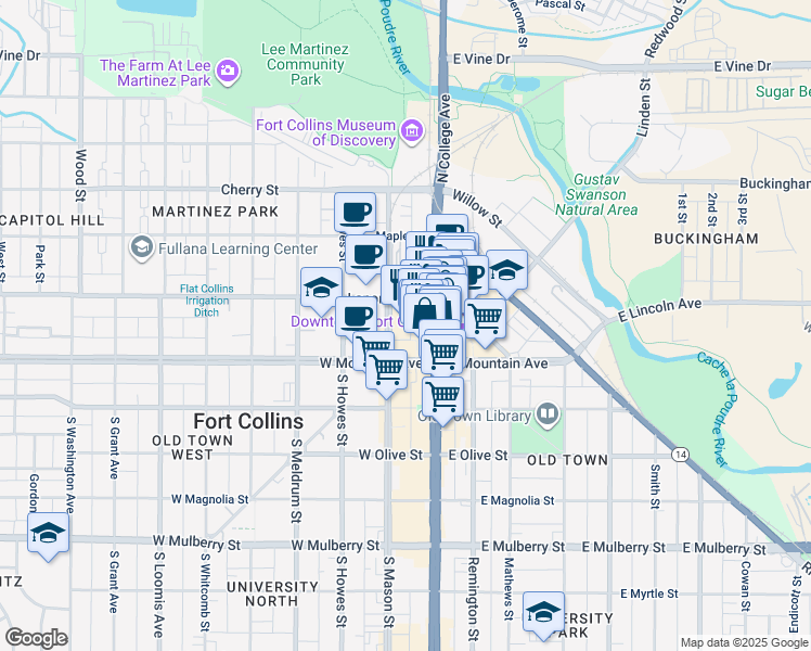 map of restaurants, bars, coffee shops, grocery stores, and more near 155 North College Avenue in Fort Collins