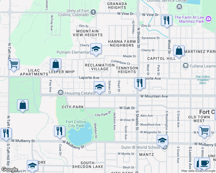 map of restaurants, bars, coffee shops, grocery stores, and more near 132 North McKinley Avenue in Fort Collins