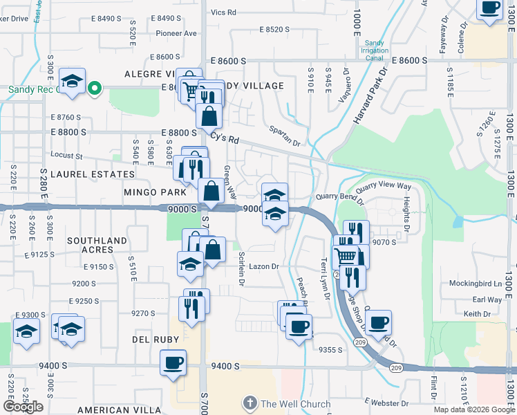 map of restaurants, bars, coffee shops, grocery stores, and more near 835 East 9000 South in Sandy