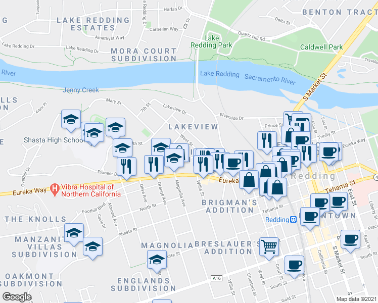 map of restaurants, bars, coffee shops, grocery stores, and more near 999 West Street in Redding