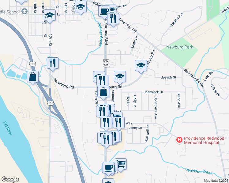 map of restaurants, bars, coffee shops, grocery stores, and more near 409 South Fortuna Boulevard in Fortuna