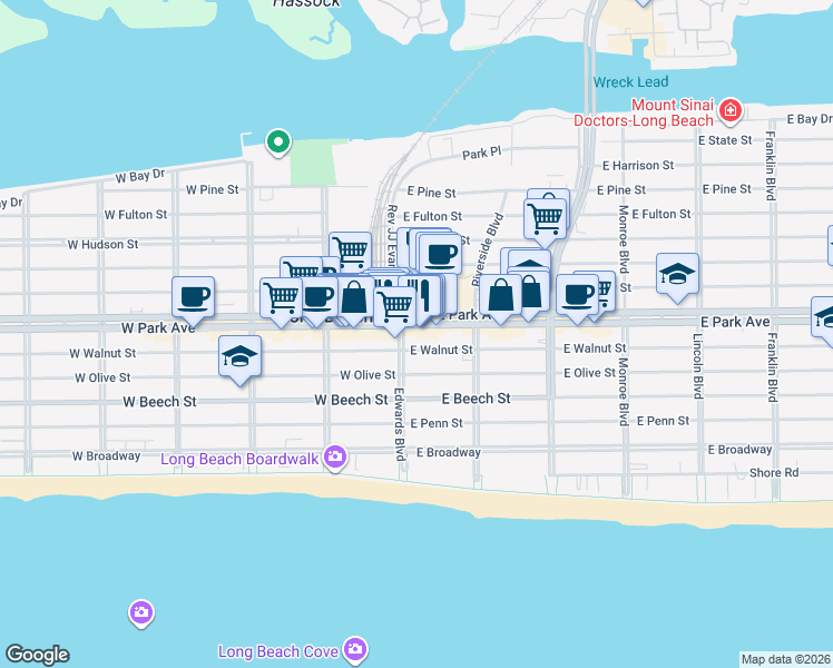 map of restaurants, bars, coffee shops, grocery stores, and more near 30a East Park Avenue in Long Beach