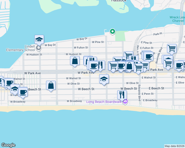 map of restaurants, bars, coffee shops, grocery stores, and more near 266 West Park Avenue in Long Beach