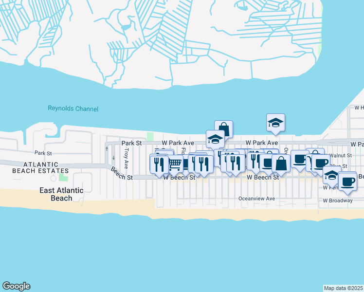 map of restaurants, bars, coffee shops, grocery stores, and more near 1101 West Park Avenue in East Atlantic Beach