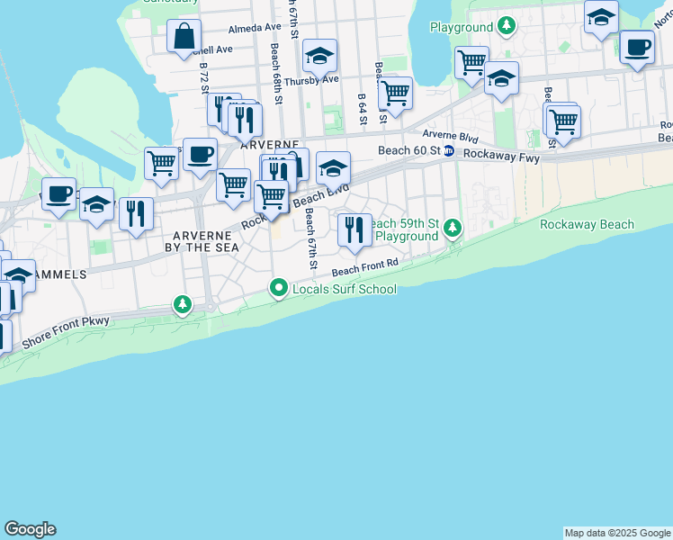 map of restaurants, bars, coffee shops, grocery stores, and more near 114 Beach Way in Queens