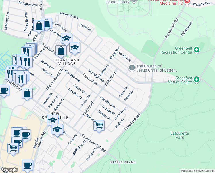 map of restaurants, bars, coffee shops, grocery stores, and more near 81 McVeigh Avenue in Staten Island