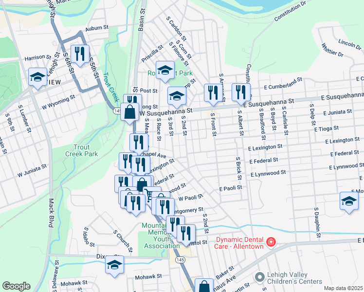 map of restaurants, bars, coffee shops, grocery stores, and more near 1309 South Bryan Street in Allentown