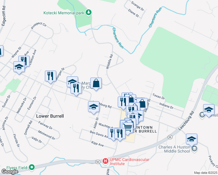 map of restaurants, bars, coffee shops, grocery stores, and more near 924 Wildlife Lodge Road in New Kensington