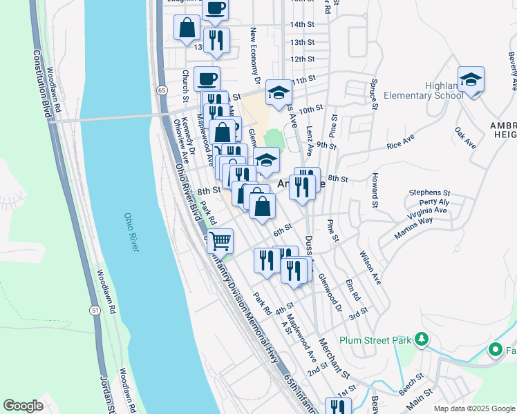 map of restaurants, bars, coffee shops, grocery stores, and more near 703 Melrose Avenue in Ambridge
