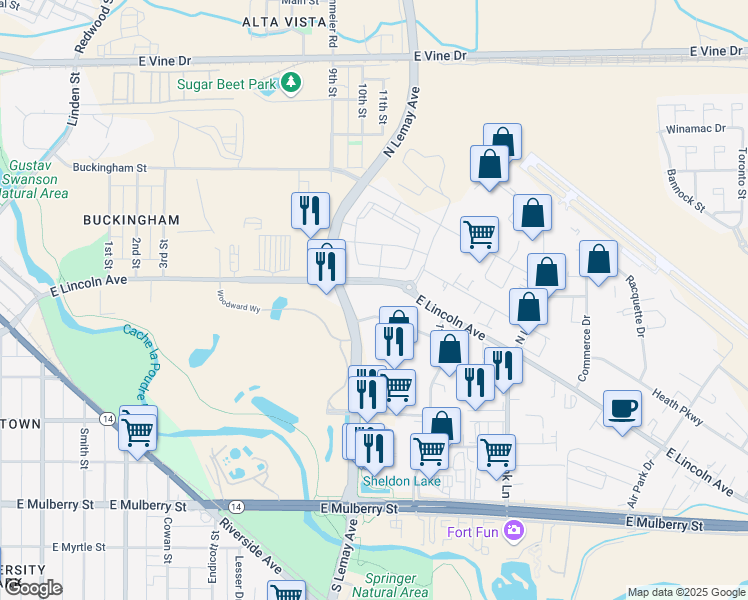map of restaurants, bars, coffee shops, grocery stores, and more near 1245 East Lincoln Avenue in Fort Collins