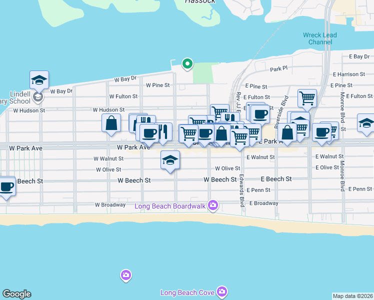 map of restaurants, bars, coffee shops, grocery stores, and more near 178 West Park Avenue in Long Beach
