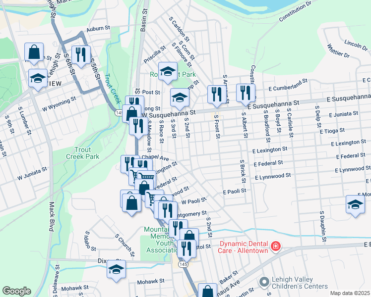map of restaurants, bars, coffee shops, grocery stores, and more near 1309 South Bryan Street in Allentown