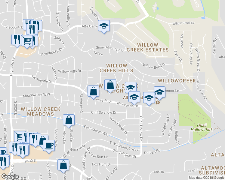 map of restaurants, bars, coffee shops, grocery stores, and more near 2516 Cobblestone Way in Sandy