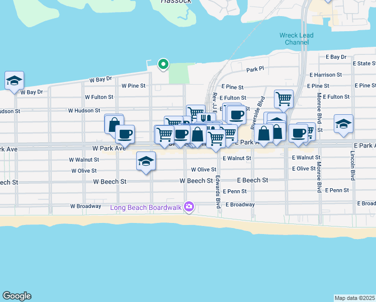 map of restaurants, bars, coffee shops, grocery stores, and more near in Long Beach