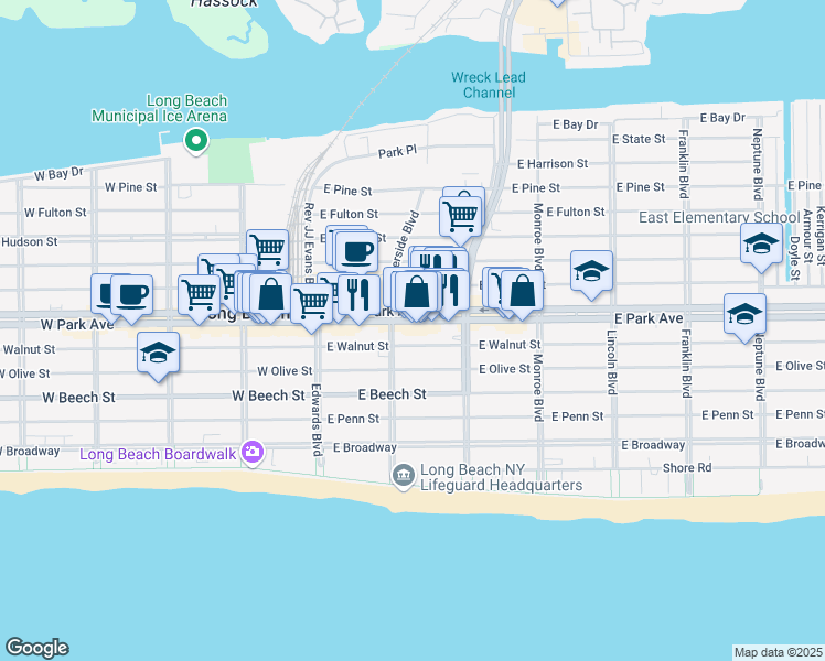 map of restaurants, bars, coffee shops, grocery stores, and more near 118 East Park Avenue in Long Beach