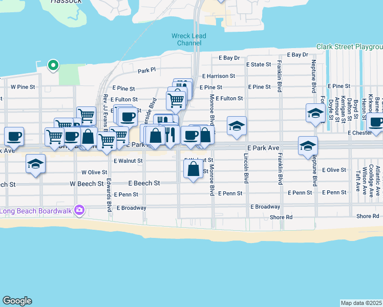 map of restaurants, bars, coffee shops, grocery stores, and more near in Long Beach