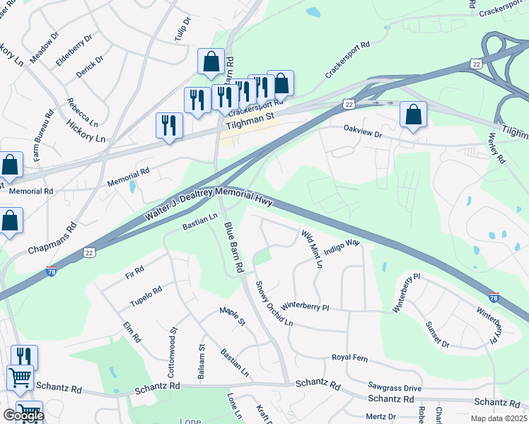 map of restaurants, bars, coffee shops, grocery stores, and more near 535 Wild Mint Lane in Allentown