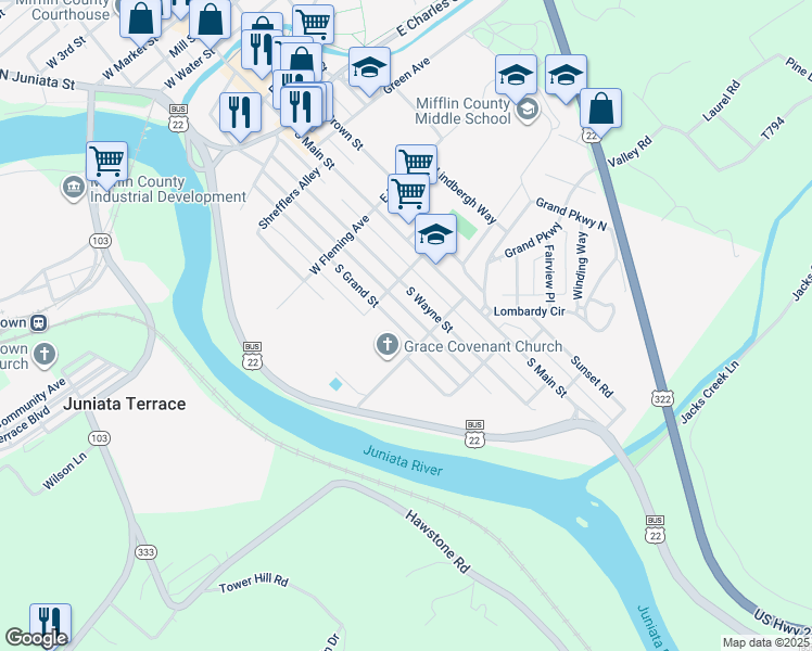 map of restaurants, bars, coffee shops, grocery stores, and more near 619 South Grand Street in Lewistown