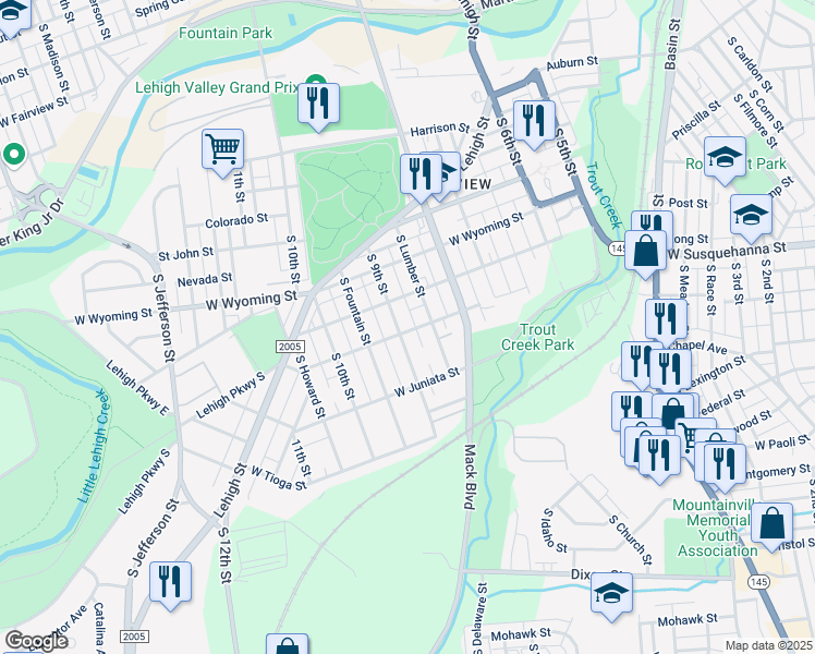 map of restaurants, bars, coffee shops, grocery stores, and more near 1116 South Lumber Street in Allentown