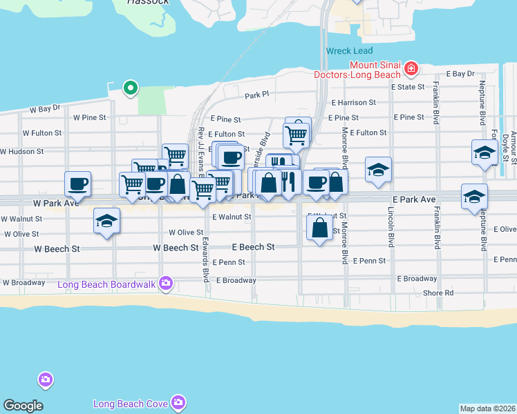 map of restaurants, bars, coffee shops, grocery stores, and more near 310 Riverside Boulevard in Long Beach