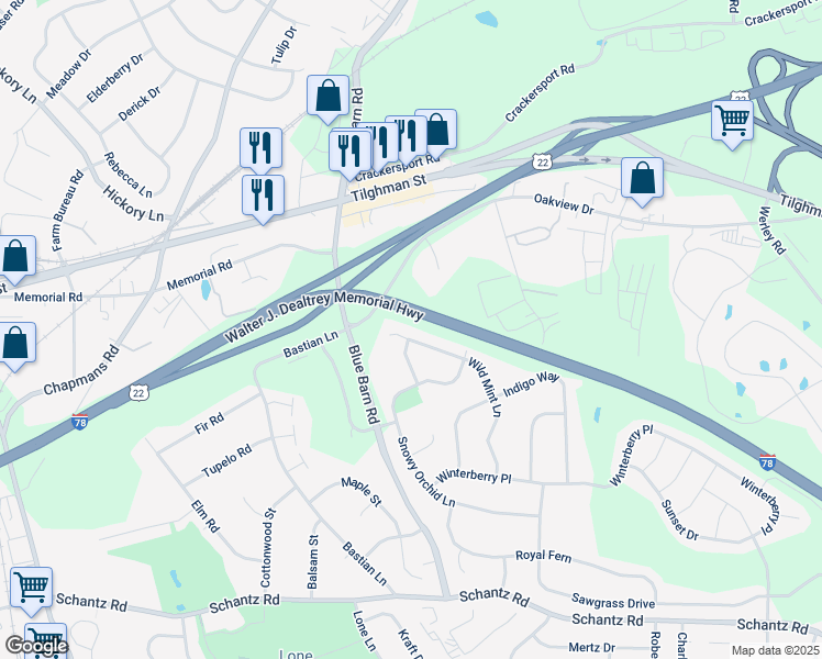 map of restaurants, bars, coffee shops, grocery stores, and more near 535 Wild Mint Lane in Allentown