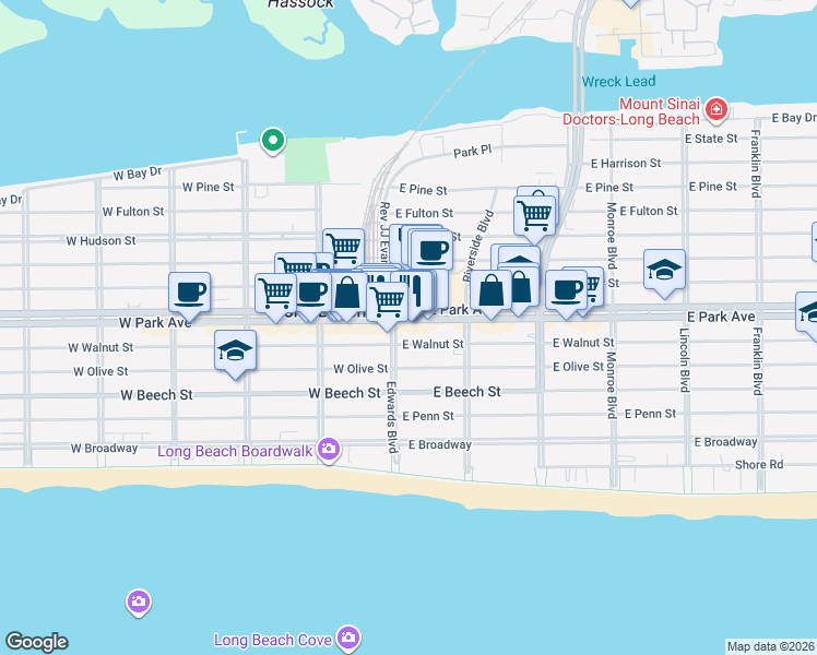 map of restaurants, bars, coffee shops, grocery stores, and more near 30a East Park Avenue in Long Beach
