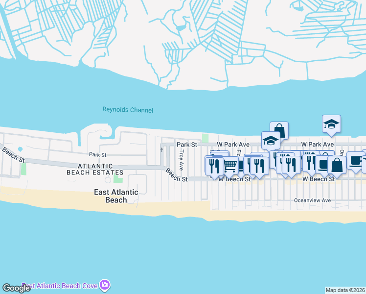 map of restaurants, bars, coffee shops, grocery stores, and more near 58 Bay Street in East Atlantic Beach