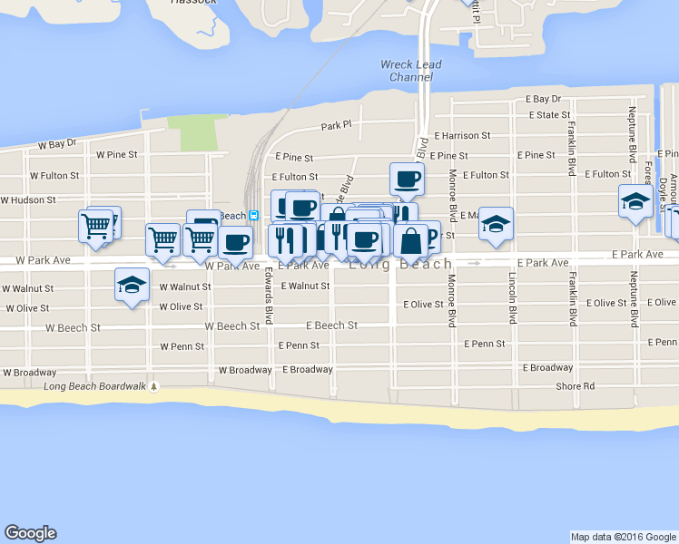 map of restaurants, bars, coffee shops, grocery stores, and more near 118 East Park Avenue in Long Beach
