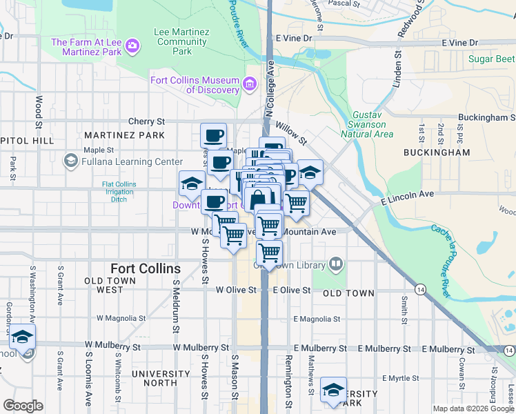 map of restaurants, bars, coffee shops, grocery stores, and more near 155 North College Avenue in Fort Collins