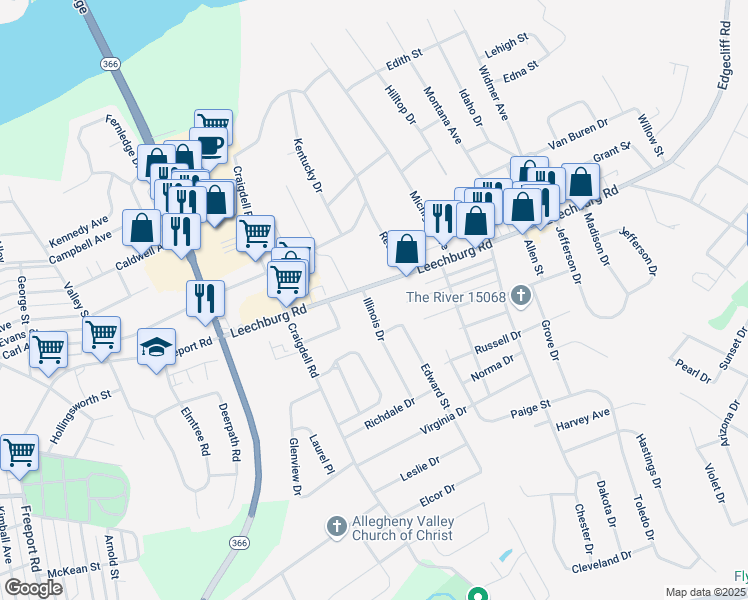 map of restaurants, bars, coffee shops, grocery stores, and more near 2556 Leechburg Road in Lower Burrell