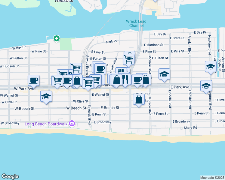 map of restaurants, bars, coffee shops, grocery stores, and more near 118 East Park Avenue in Long Beach