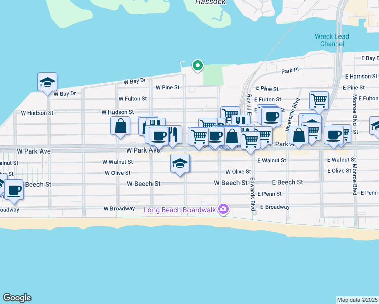 map of restaurants, bars, coffee shops, grocery stores, and more near 178 West Park Avenue in Long Beach