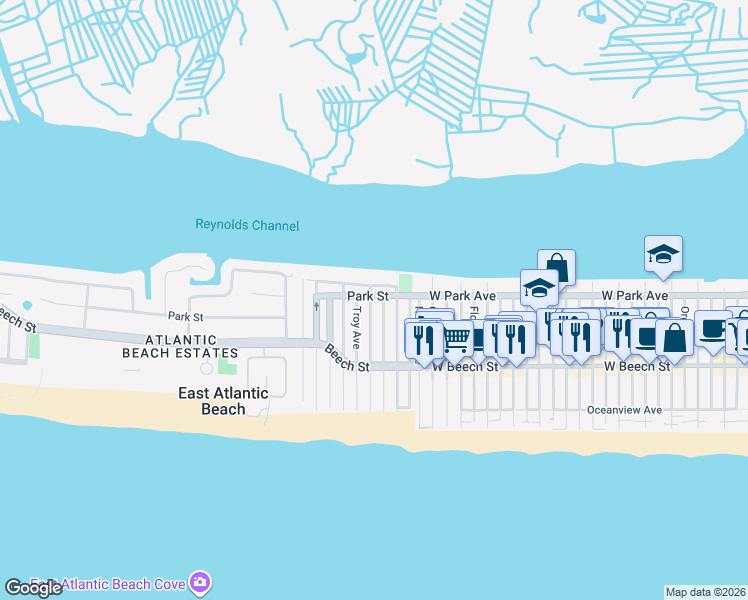 map of restaurants, bars, coffee shops, grocery stores, and more near 104 Buffalo Avenue in East Atlantic Beach