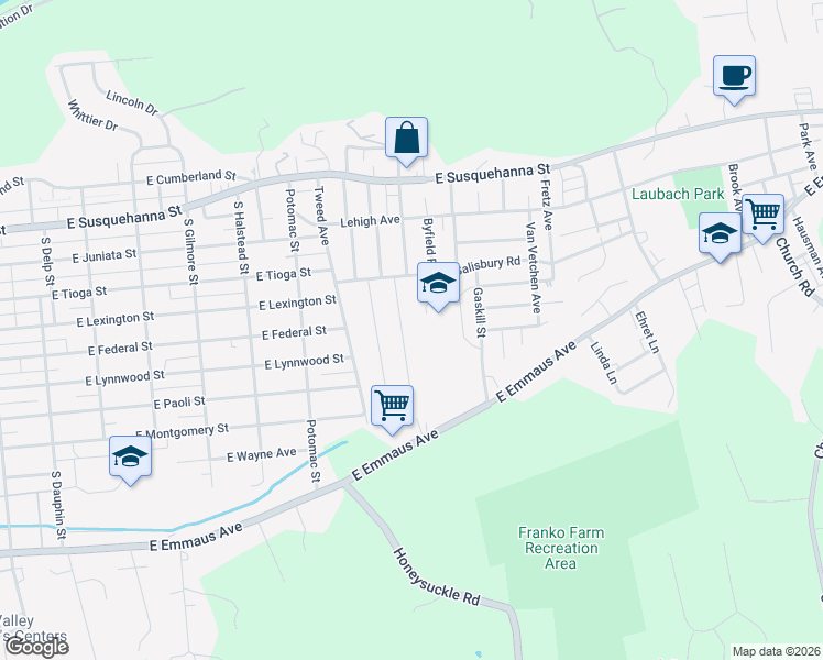 map of restaurants, bars, coffee shops, grocery stores, and more near 1535 Paxford Road in Allentown