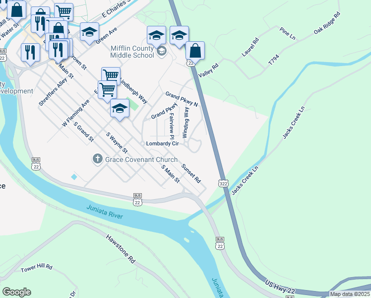 map of restaurants, bars, coffee shops, grocery stores, and more near 214 Lombardy Circle in Lewistown