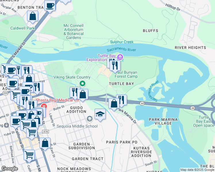map of restaurants, bars, coffee shops, grocery stores, and more near 700 Auditorium Drive in Redding