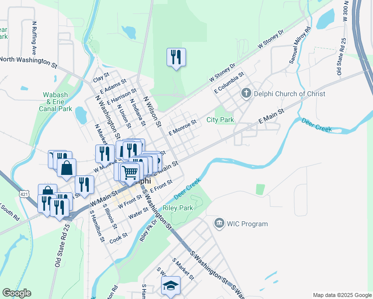 map of restaurants, bars, coffee shops, grocery stores, and more near 149 South High Street in Delphi
