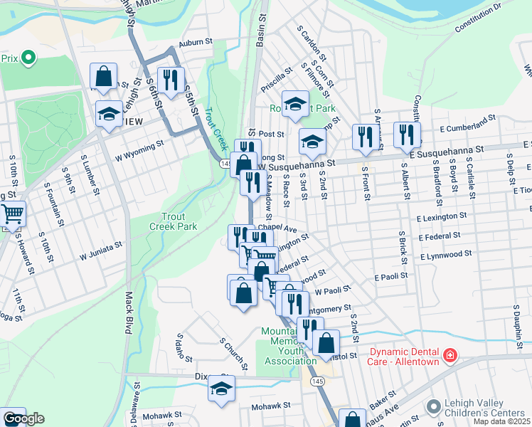 map of restaurants, bars, coffee shops, grocery stores, and more near 1334 South Meadow Street in Allentown