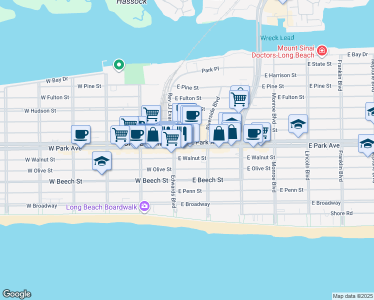 map of restaurants, bars, coffee shops, grocery stores, and more near 30a East Park Avenue in Long Beach