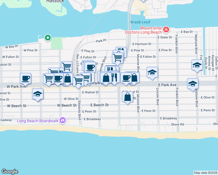 map of restaurants, bars, coffee shops, grocery stores, and more near 164 East Park Avenue in Long Beach