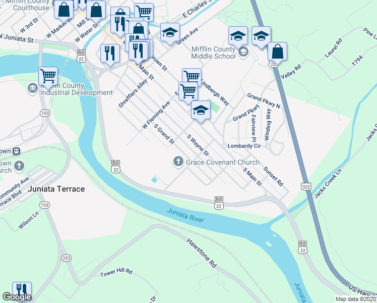 map of restaurants, bars, coffee shops, grocery stores, and more near 619 South Grand Street in Lewistown