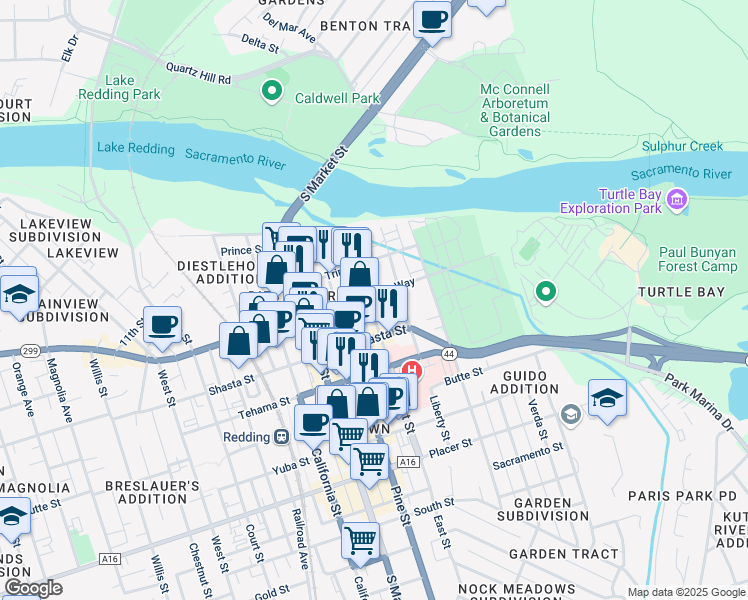 map of restaurants, bars, coffee shops, grocery stores, and more near 1203 East Street in Redding