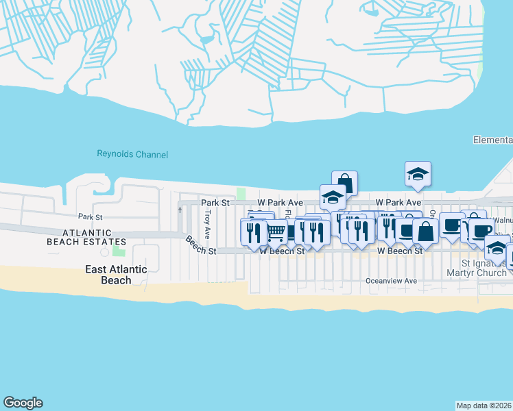 map of restaurants, bars, coffee shops, grocery stores, and more near 1207 West Park Avenue in East Atlantic Beach