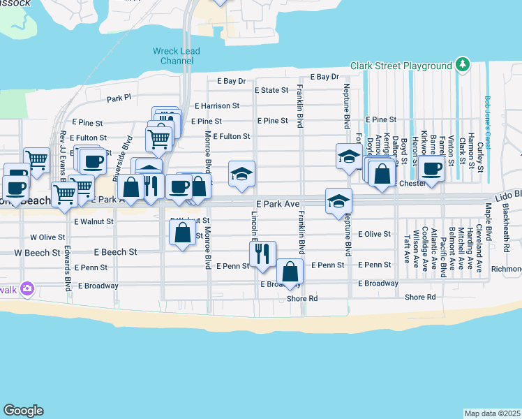 map of restaurants, bars, coffee shops, grocery stores, and more near 310 Lincoln Boulevard in Long Beach