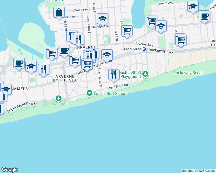 map of restaurants, bars, coffee shops, grocery stores, and more near 114 Beach Way in Queens